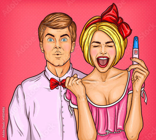 Vector pop art illustration of an excited young woman with a positive pregnancy test and her surprised husband