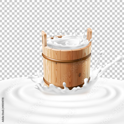 Vector illustration of a wooden bucket with milk standing in the center of a dairy splash. Template advertising poster in a realistic style for natural high-quality milk