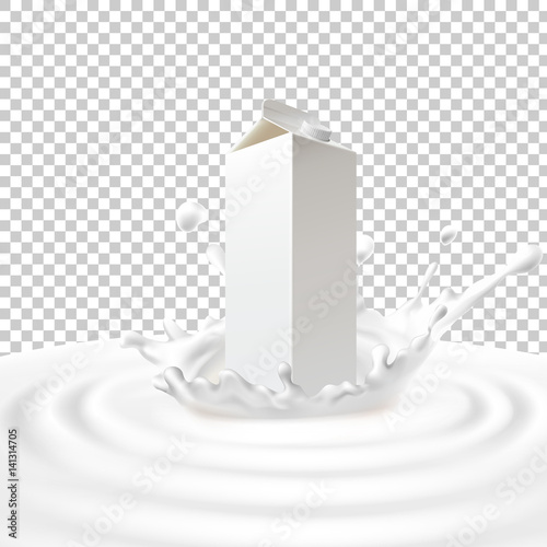 Vector illustration of a packing of packaging with milk standing in the center of a dairy splash. Template advertising poster in a realistic style for natural high-quality milk
