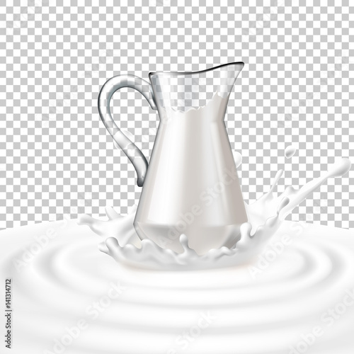 Vector illustration of a glass jug with milk standing in the center of a dairy splash. Template advertising poster in a realistic style for natural high-quality milk