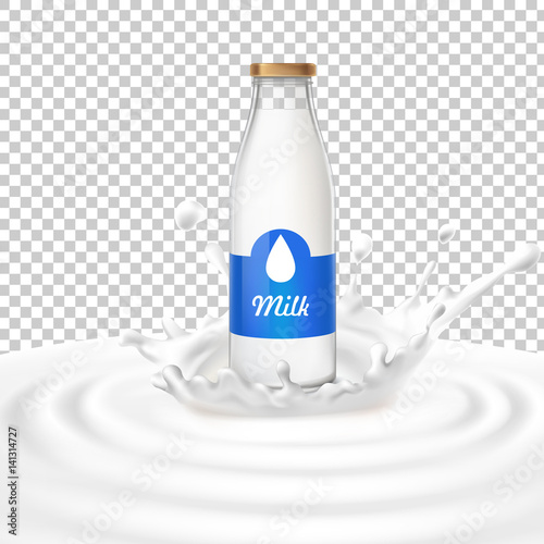 Vector illustration of a glass bottle with milk standing in the center of a dairy splash. Template advertising poster in a realistic style for natural high-quality milk