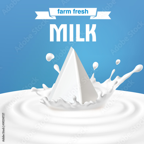 Vector illustration of a packing of packaging triangle with milk standing in the center of a dairy splash. A great advertising poster in a realistic style for natural high-quality milk
