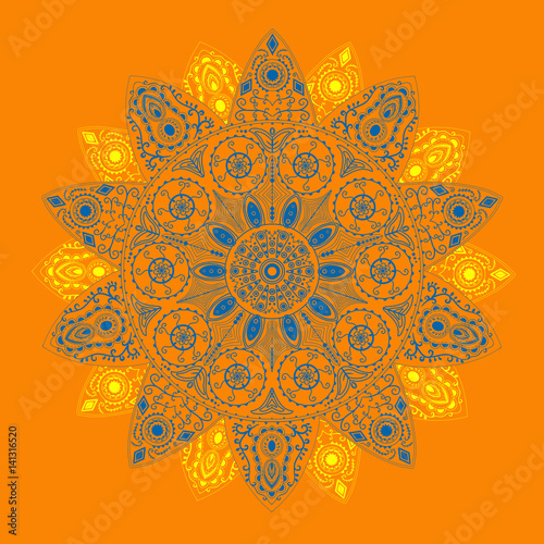 Mandala. A spiritual and ritual symbol in Hinduism and Buddhism, representing the universe. with complementary colors. Orange background with blue lines.