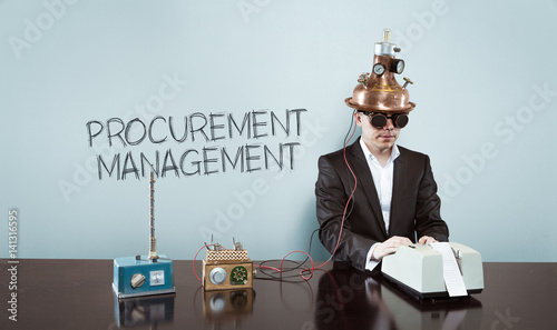 Procurement management text with vintage businessman at office