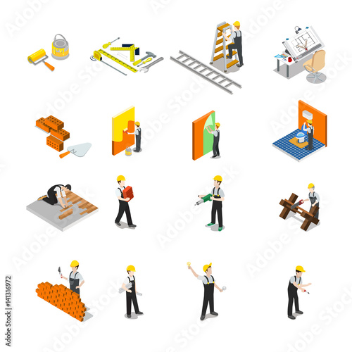 Flat isometric Construction vector icons 3d Building concept.