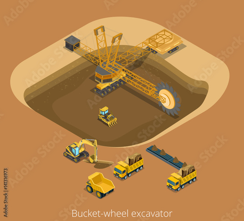Flat 3d Raw Industry isometric bucket-wheel excavator vector