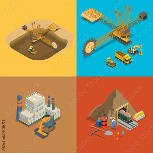 Flat isometric 3d Mining Raw material metallurgical plant vector