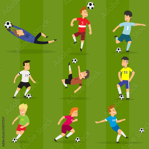 Set of colorful football players on different positions playing soccer on a green field