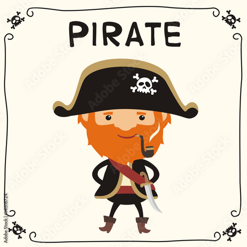Angry pirate with smoking pipe in cartoon style. Isolated pirate with red beard and hat with skull.
