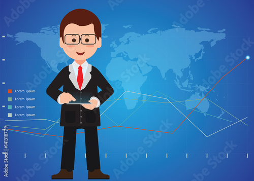 Businessman hand holding a digital tablet and statistics chart background.