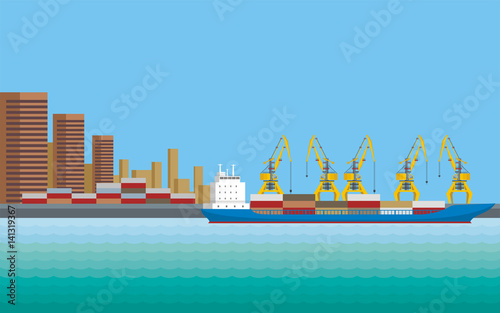 Sea landscape with the image of a harbour dock, ships and seaside industrial city. Vector background  
