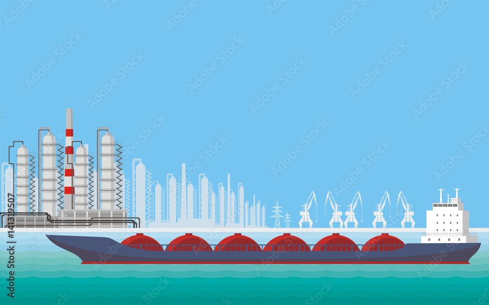 Fototapeta premium Sea landscape with the image of a harbour dock, ships and seaside industrial city. Vector background 
