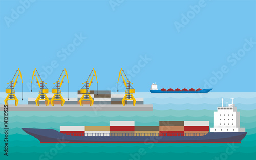 Sea landscape with the image of a harbour dock and  cargo ships .