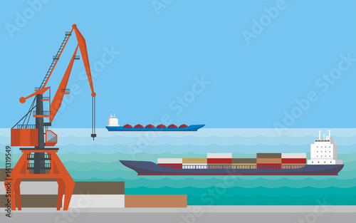Sea landscape with the image of a harbour dock and  cargo ships .