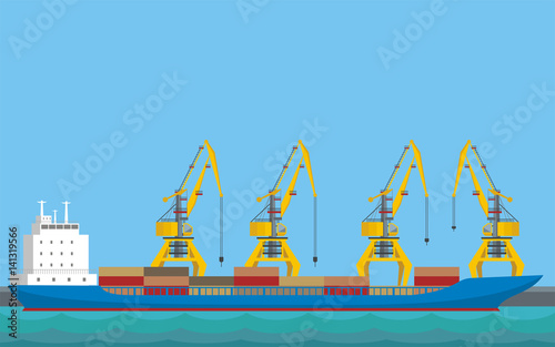 Sea landscape with the image of a harbour dock and  cargo ship .
