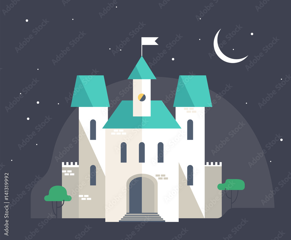 Castle at night, flat style vector illustration