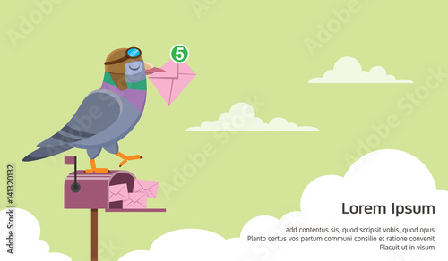 pigeon courier standing on mailbox ready to send email flat vector illustration