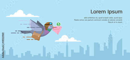 pigeon courier flying over the city skyline. sending email flat vector illustration