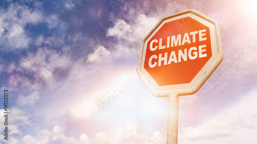 Climate Change, text on red traffic sign