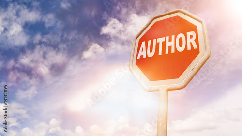 Author, text on red traffic sign