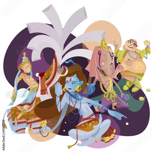 Set of isolated Indian Gods meditation in yoga poses lotus and Goddess hinduism religion, traditional asian culture spiritual mythology, deity worship festival vector illustrations, T-shirt concepts