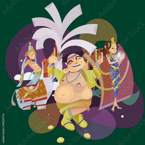 Set of isolated hindu gods meditation in yoga poses lotus and Goddess hinduism religion, traditional asian culture spiritual mythology, deity worship festival vector illustrations, T-shirt concepts