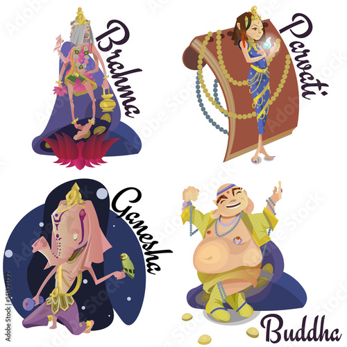Set of isolated Indian Gods meditation in yoga poses lotus and Goddess hinduism religion, traditional asian culture spiritual mythology, deity worship festival vector illustrations, T-shirt concepts