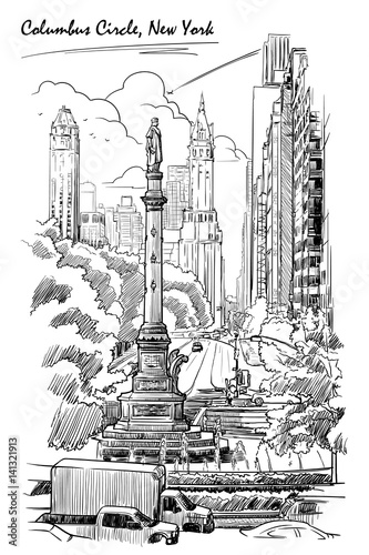 Urban view of Columbus Circus and West 59th street in New York. Hand drawn sketch isolated on white background. EPS10 vector illustration.