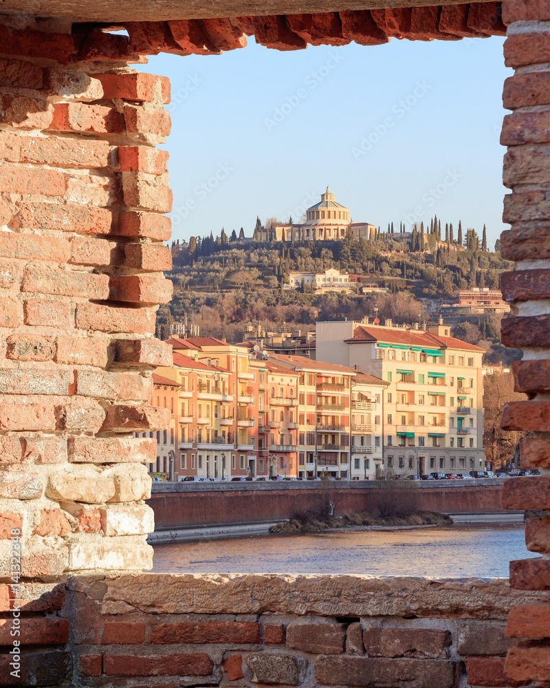 historical quarter of Verona, sunny view on fort San Leonardo, Italy