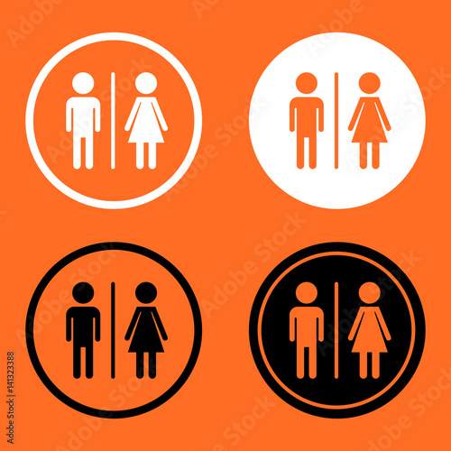 WC, toilet flat vector icon . Men and women sign for restroom on orange background.