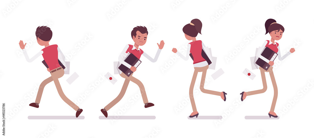 Set of male and female office worker running, rear, front
