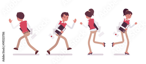 Set of male and female office worker running, rear, front