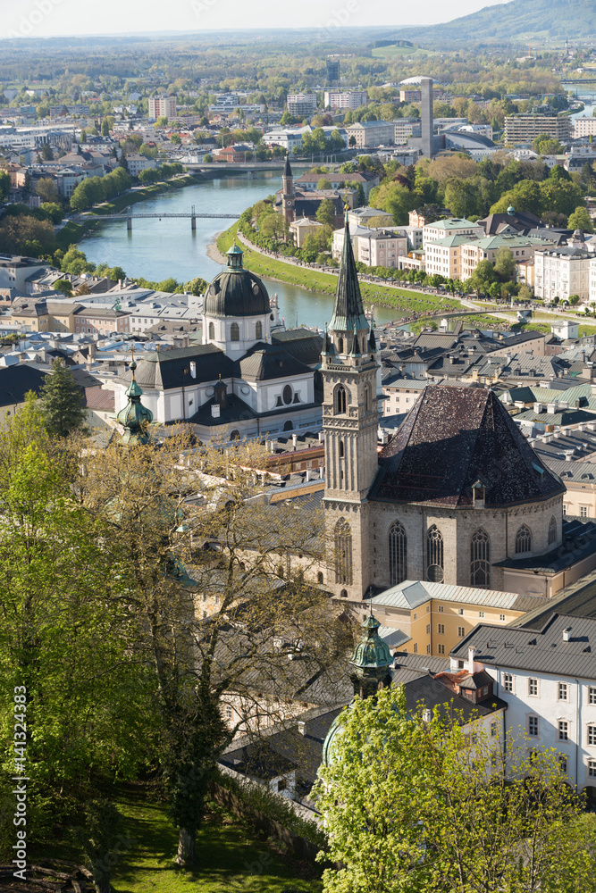 Top view of the Salzach river and the old city in center of Salzburg, Austria, from the walls of the fortress / Festung Hohensalzburg /