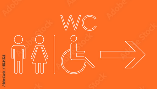 WC, toilet neon vector icon . Men and women sign for restroom on orange background.