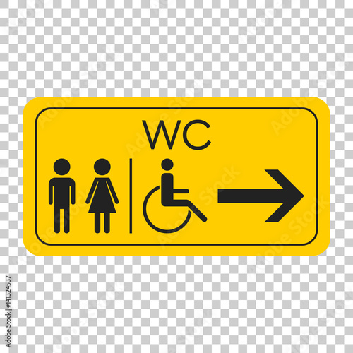 WC, toilet vector icon . Men and women sign for restroom on yellow board.