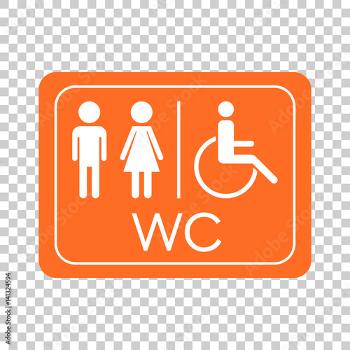 WC, toilet vector icon . Men and women sign for restroom on orange board.