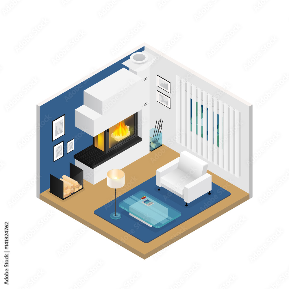 Living Room Isometric Interior With Fireplace
