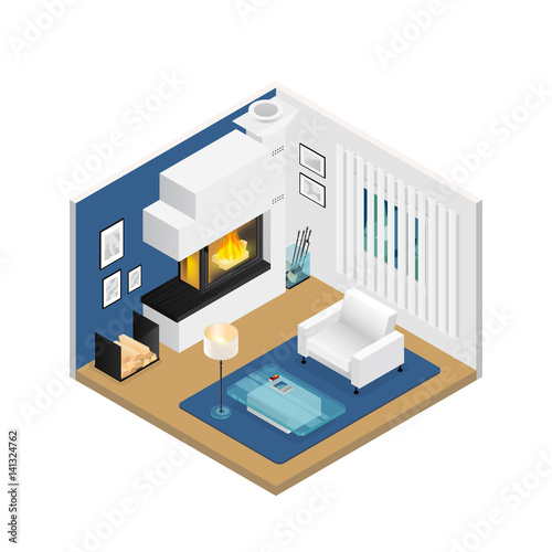 Living Room Isometric Interior With Fireplace © Macrovector