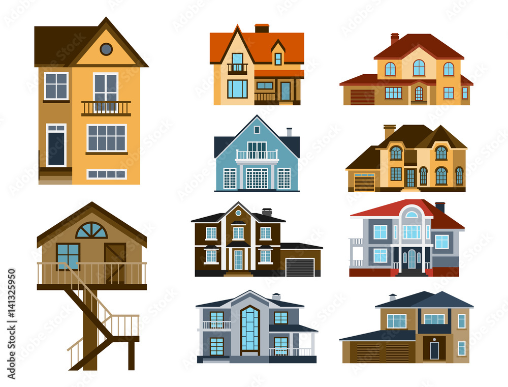 Houses front view vector illustration building architecture home construction estate residential property roof set apartment housing cottage