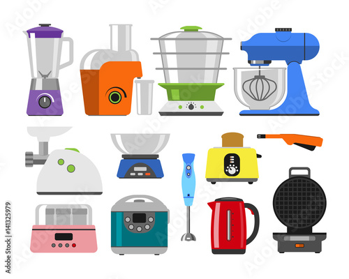 Home appliances cooking kitchen home equipment and flat style household cooking set electronics food template technology icon concept vector.