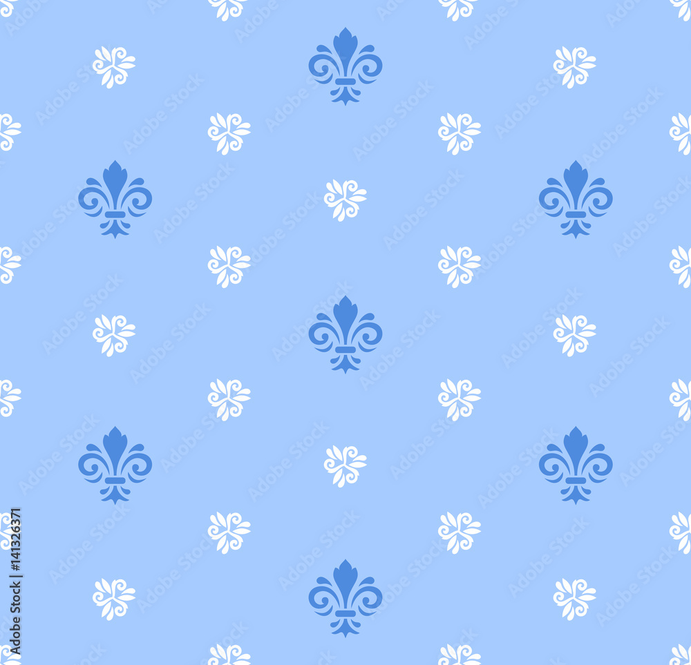Seamless blue and white ornament. Modern geometric pattern with royal lilies Seamless blue and white ornament. Modern geometric pattern with royal lilies
