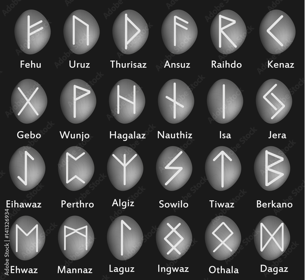 Classic runes. Runic alphabet on stones. Celtic, Scandinavian ancient ...