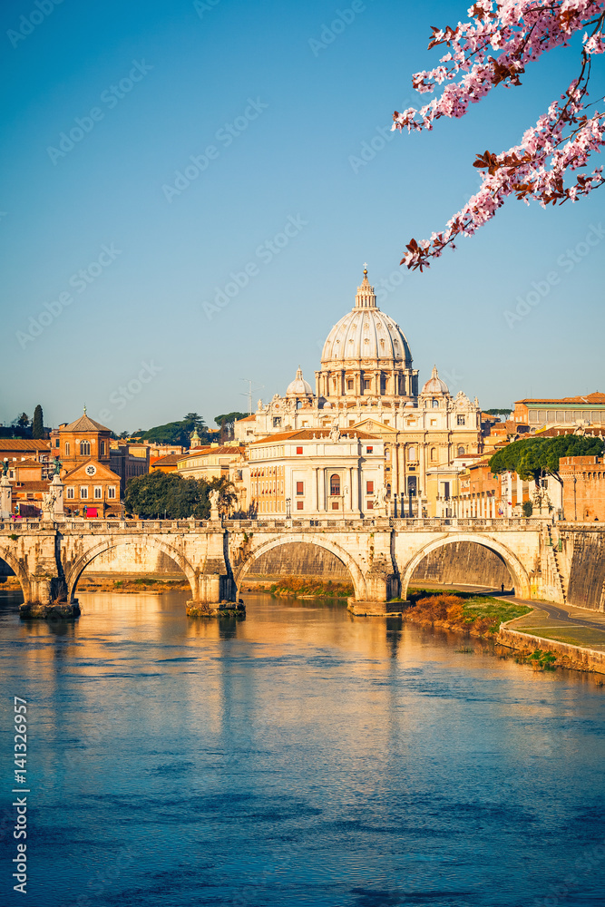 View at Tiber and St. Peter's cathedral in Rome at spring