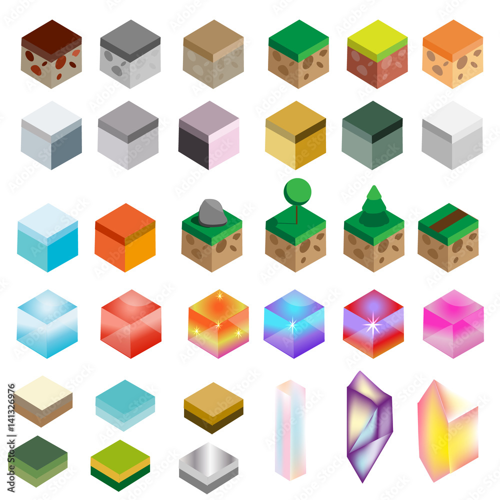 Game assets. Isometric texture bricks and magic crystals. Landscape, rock, water, magic design elements for gaming interface Game assets. Isometric texture bricks and magic crystals. Landscape, rock, water, magic design elements for gaming interface