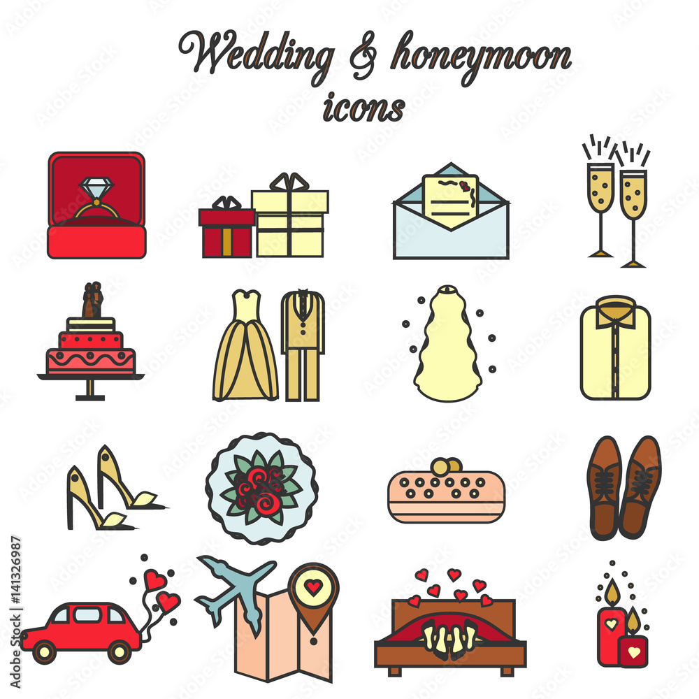 Fototapeta Wedding, marriage, engagement, honeymoon vector icons set. Bridal and groom theme. Isolated design elements.