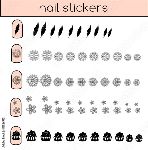 Nail stickers set. Manicure, nail art collection. Printable decorative elements for female fingers