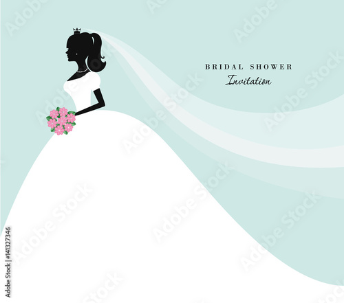 Beautiful bride silhouette on pastel blue. For wedding, save the date, bridal shower invitation.