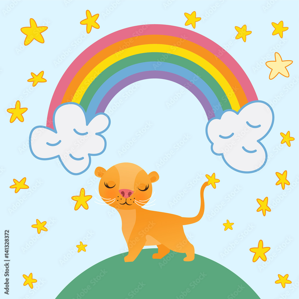 Cute lion cartoon on rainbow background and stars vector illustration. Cute lion cartoon on rainbow background and stars vector illustration.