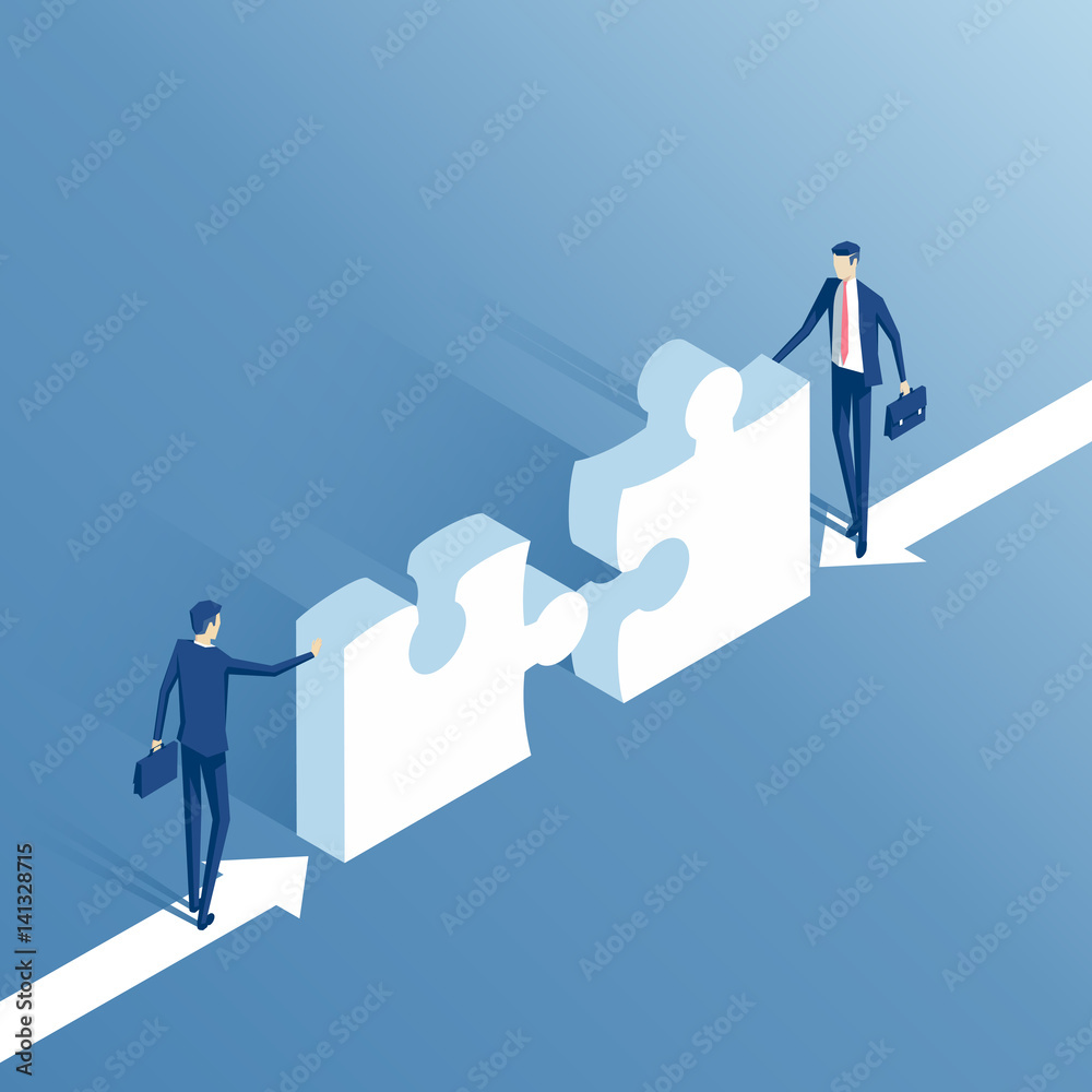 Two businessmen are trying to connect two elements of the puzzle isometric vector illustration. Isometric business people collect puzzle. Business concept teamwork and cooperation