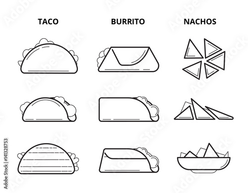 Mexican cuisine food. Taco, burrito and nachos eating snacks line vector set